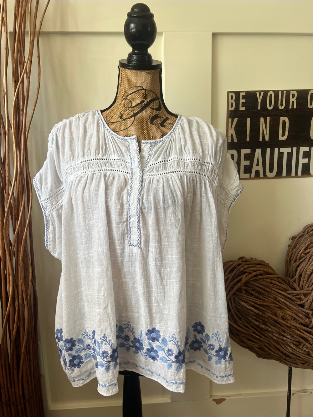 Max Studio White Tunic with Blue Floral Border Embroidery